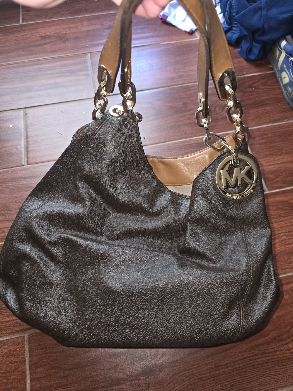 Michael Kors Dark Brown Leather Shoulder Hobo with Gold MK Charm